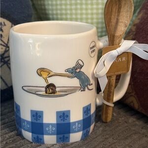 Rae Dunn White Mug with Blue Check Fleur-de-Lis- Double-sided- Ratatouille- NWT